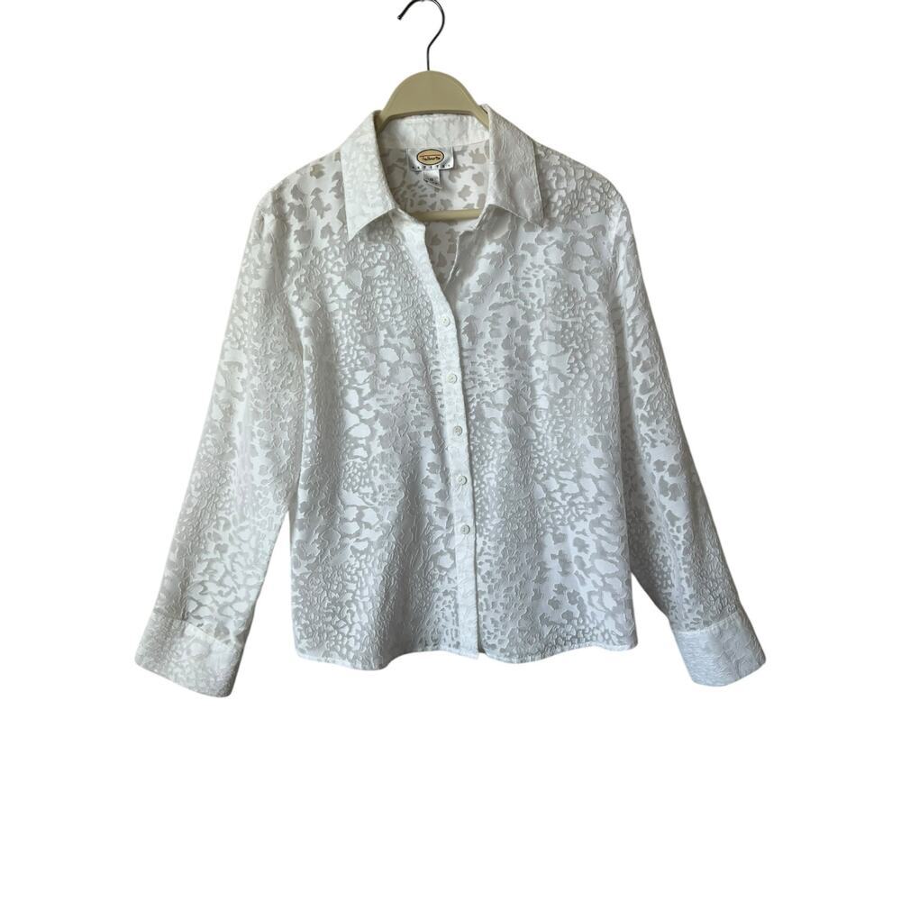 TALBOTS PETITE BUTTON DOWN SHEER CHETAH EMBOSSED PRINT BLOUSE